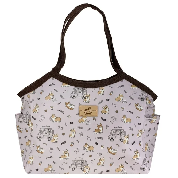 Waterproof Corgi & Coffee Trapeze Tote Shoulder Bag Cute Handmade Dog Pattern - Picture 1 of 9